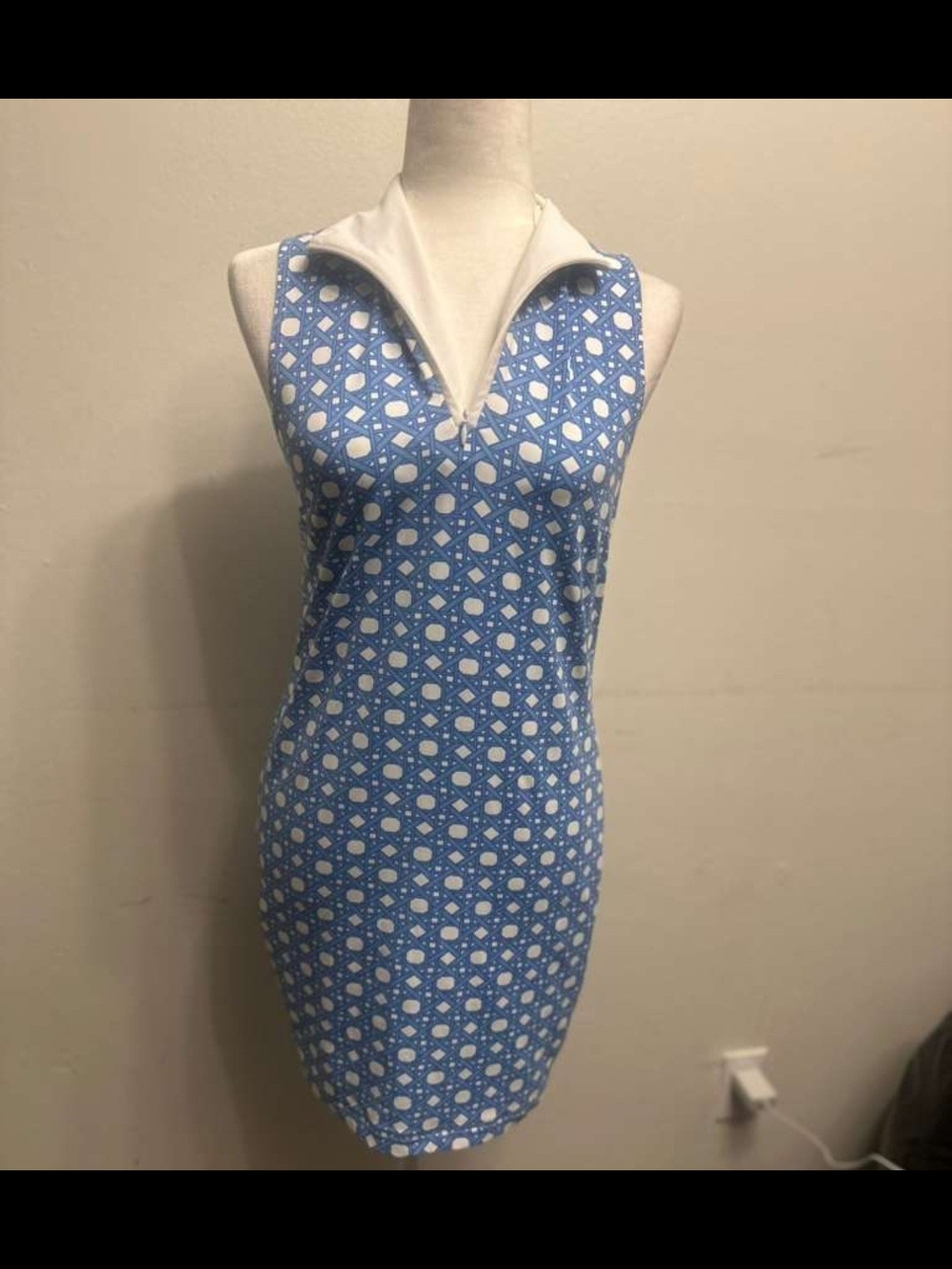 Blue Patterned Sleeveless Midi Dress with White Collar